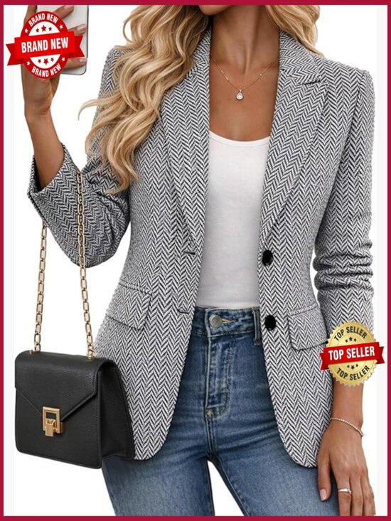Jackets & Blazers - Herringbone Tweed Blazer - Fully Lined Open Front Jacket for Work
